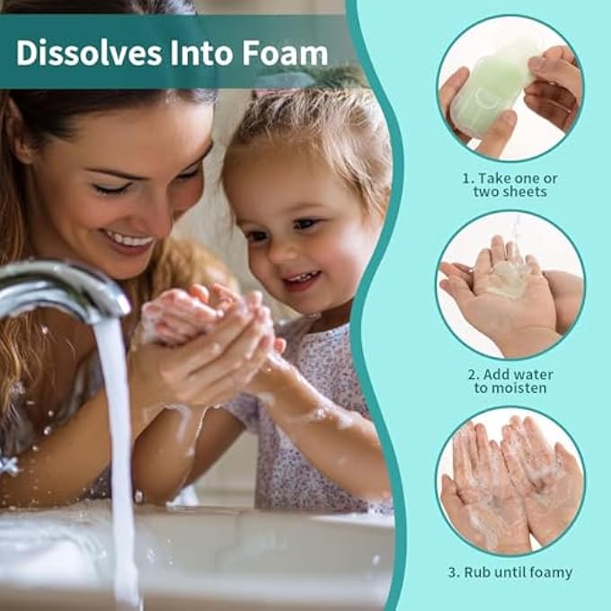 KASTWAVE 300 PAPER SOAP SHEETS FOR TRAVEL, 6 PACKS DISPOSABLE FOAMING HAND WASH SHEETS WITH PORTABLE BOX, MINI REFILL FLAKES FOR CAMPING, HIKING, AND ON-THE, GO ESSENTIALS - Image 3